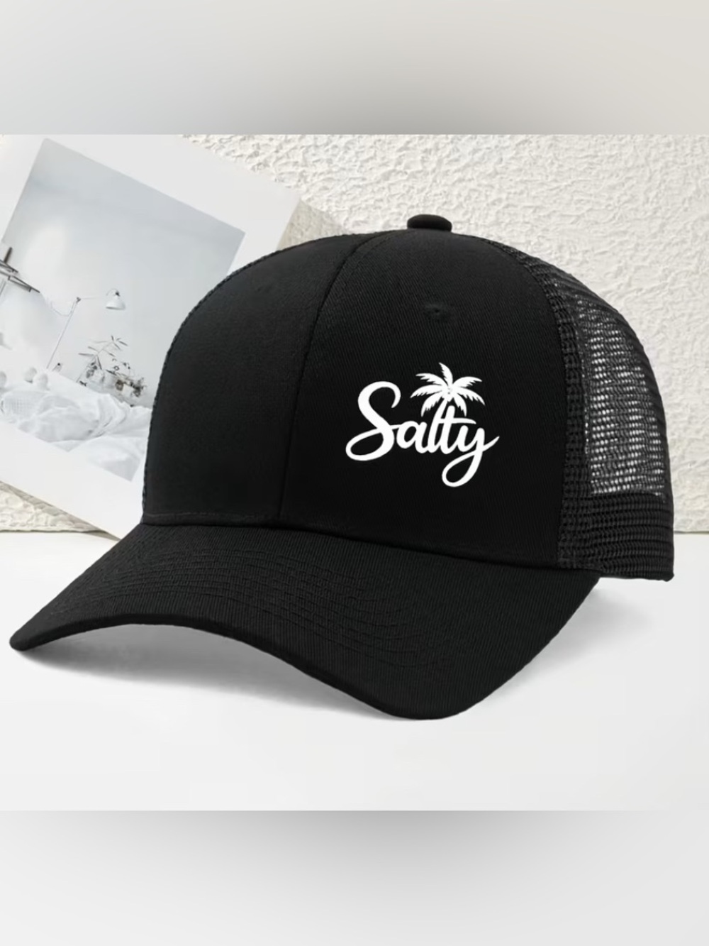 SALTY Black Trucker Hat with White Palm Logo - Picture 1 of 3
